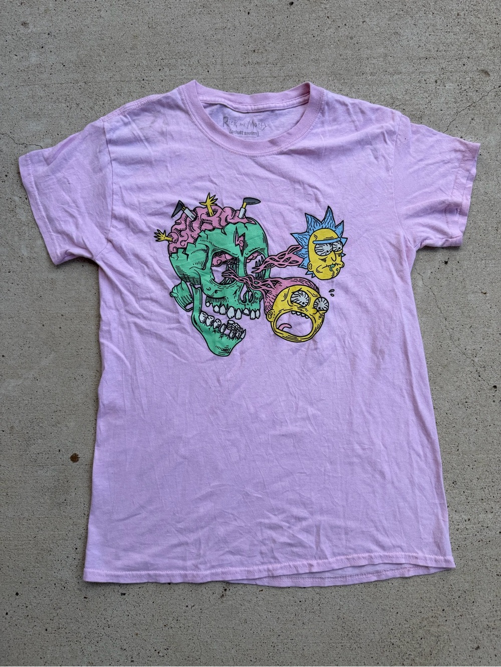 Rick and Morty Pink Skull Graphic Tee Adult Swim Cartoon Shirt Small S